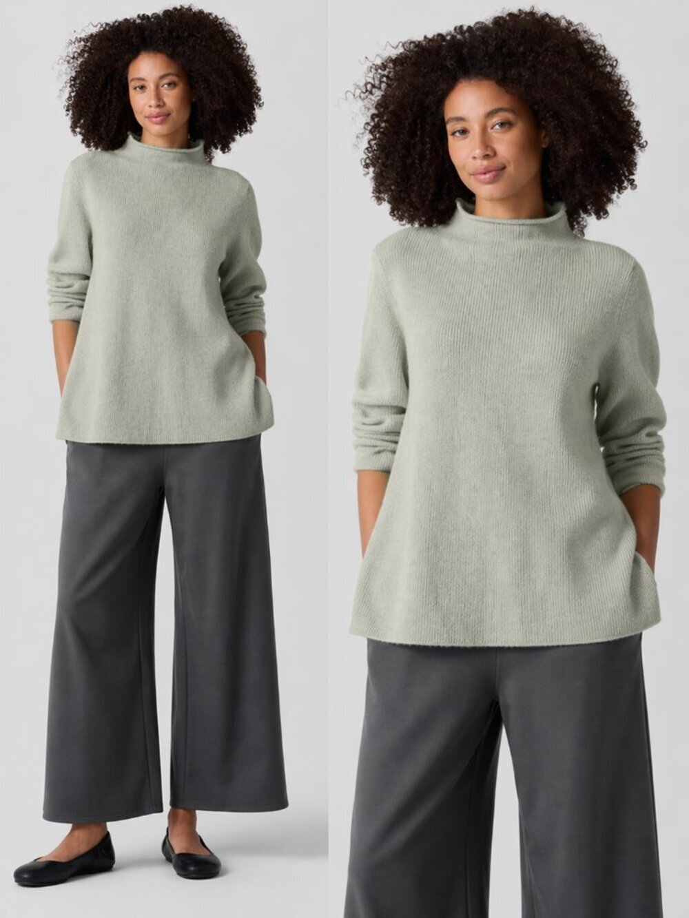 Eileen Fisher Italian 100% Cashmere Funnel Neck Top Size L Chic Quiet Luxury